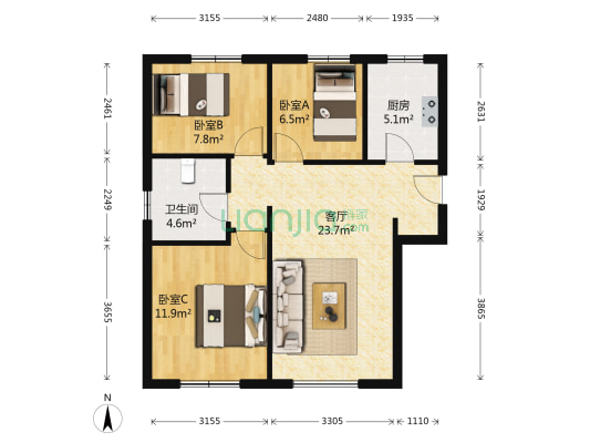 碧桂园海昌天澜 3室1厅1卫 89平方