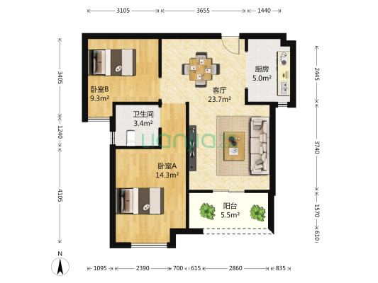 学府丽城 2室1厅1卫 81平方