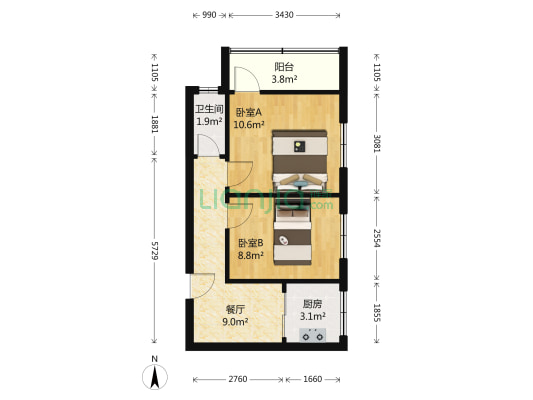 工人路52号院 2室1厅1卫 46平方