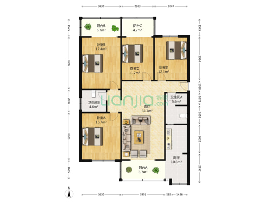 观音阁后街1号 4室1厅2卫 153平方