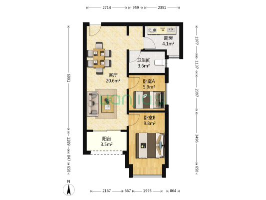 华远海蓝城六期 2室1厅1卫 64平方