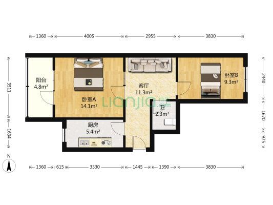 左家庄西街5号院 2室1厅1卫 54平方