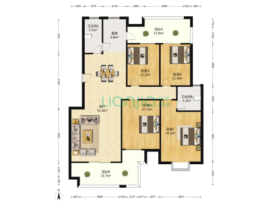 香山四季 4室1厅2卫 168平方