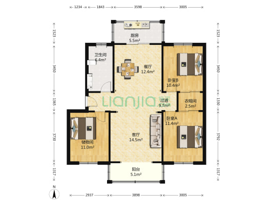 亨通花园西区 2室2厅1卫 110平方