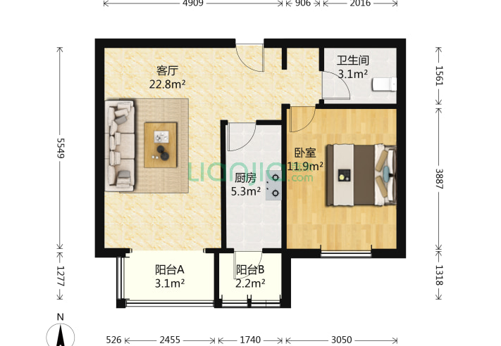 1室1廳1衛59㎡-北京龍博苑二區戶型圖