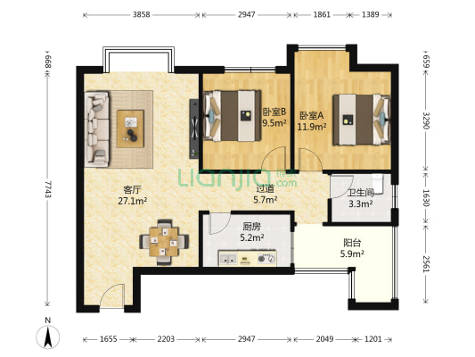 昕苑 2室1厅1卫 88平方