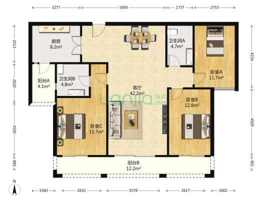 天域东区 3室1厅2卫 141平方