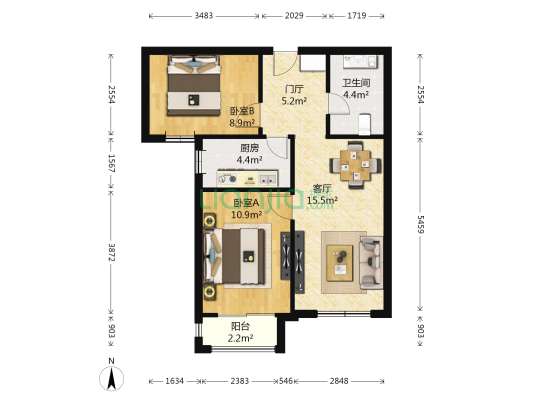 帅府园二期 2室1厅1卫 76平方