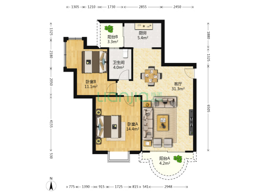 万昌南湖景园 2室1厅1卫 88平方