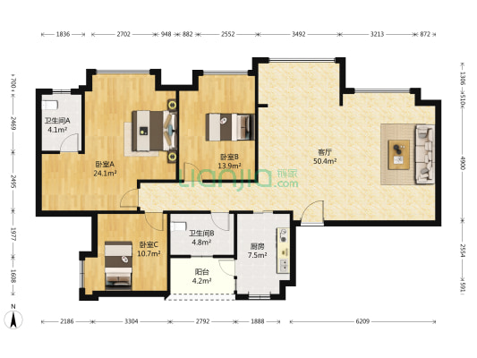 无国界 3室1厅2卫 138平方