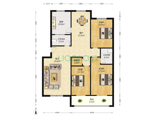 天河园小区 3室2厅2卫 154平方