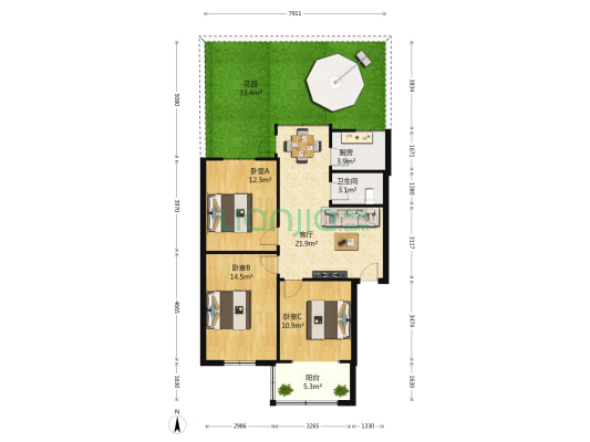 天涯石南街17号 3室1厅1卫 81平方