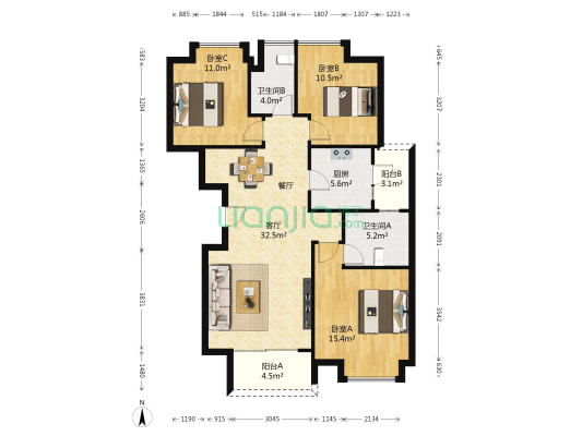 亚运城运动员村三区 3室1厅2卫 116平方