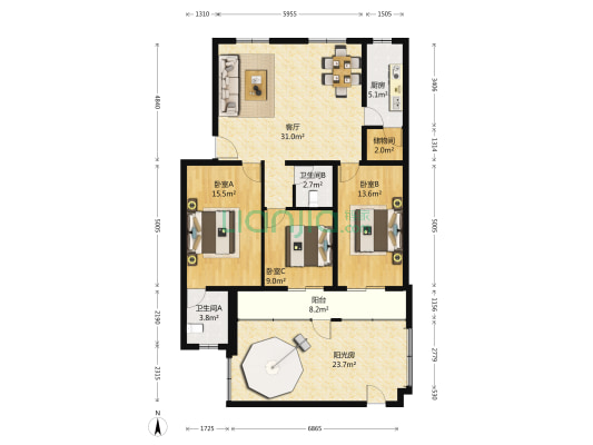 绿洲家园 3室1厅2卫 115平方