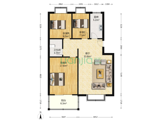 汇馨祥和苑 3室1厅1卫 109平方