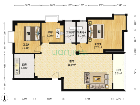 宏华北路 3室1厅2卫 107平方
