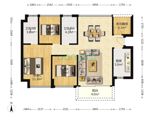 东基童梦天下一期 4室1厅2卫 89平方