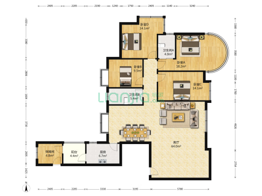 金海华景 4室1厅2卫 170平方