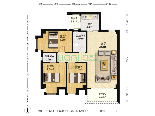 云山雅轩 3室1厅2卫 93平方