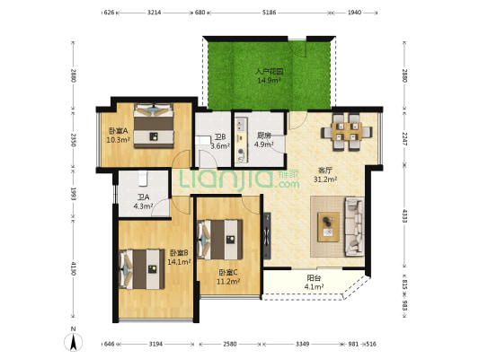 捷和广场二期水漾坊 3室1厅2卫 115平方