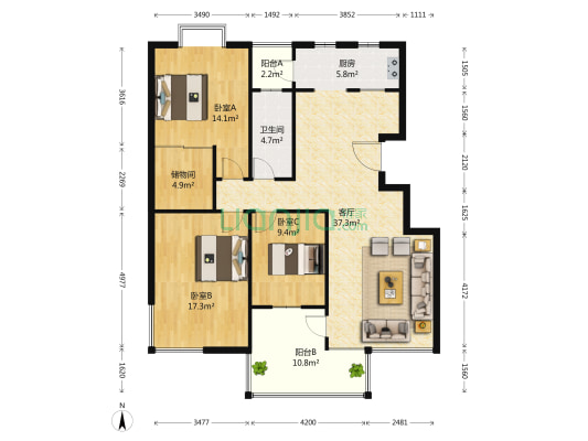 天正湖滨二期 3室1厅1卫 138平方
