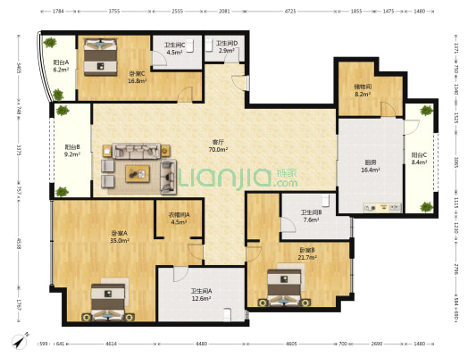 绿地锦天府 3室1厅4卫 271平方