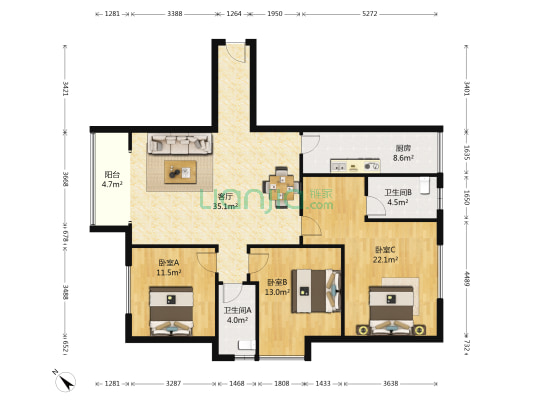香港城 3室1厅2卫 121平方