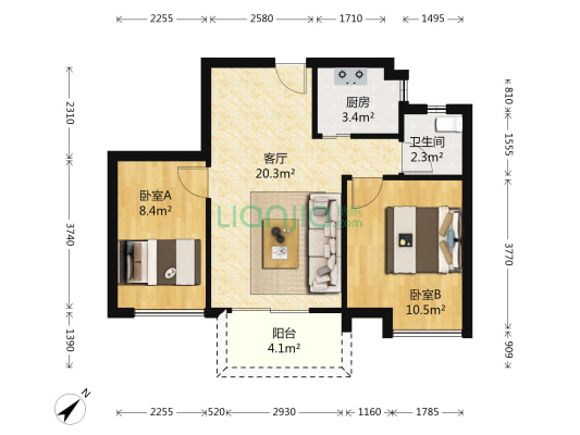 万科四季花城俪姗美筑 2室1厅1卫 69平方