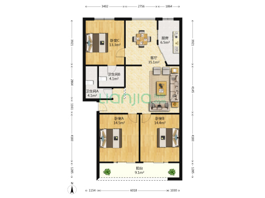 放鹰台社区 3室1厅2卫 114平方