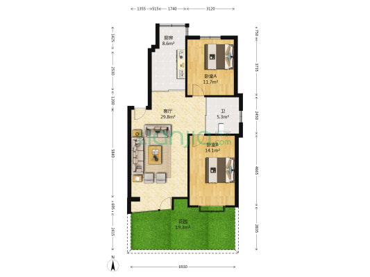 天嘉水晶城一期 2室1厅1卫 90平方