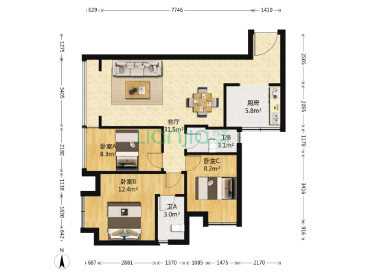 依云雅筑 3室1厅2卫 86平方