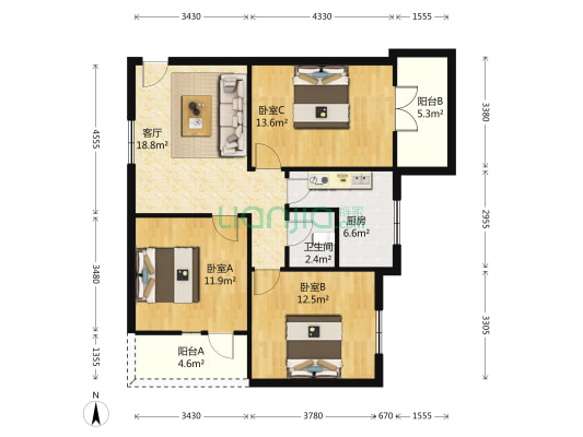 鲤鱼池一村 3室1厅1卫 87平方
