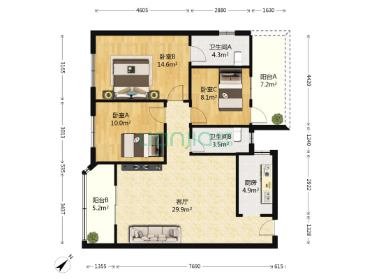 东康花园 3室1厅2卫 95平方