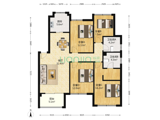 天悦辰花园 4室1厅2卫 120平方