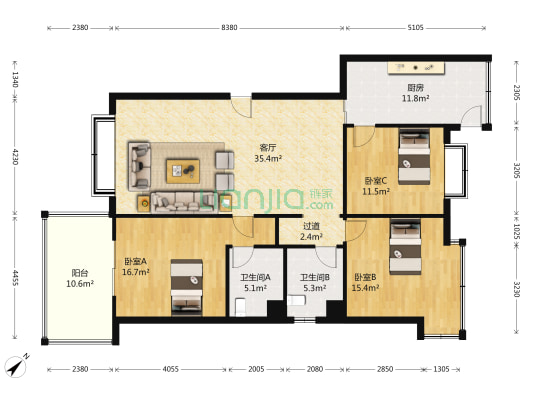 大地锦苑 3室1厅2卫 135平方