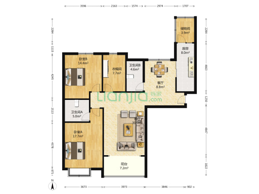 恒大城 2室2厅2卫 144平方