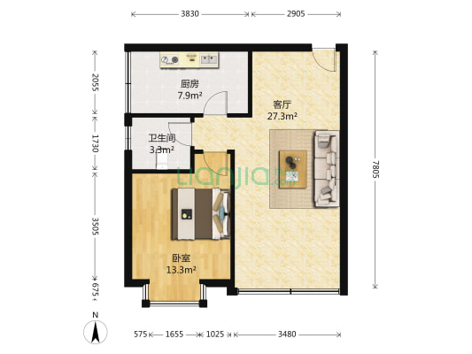 山水天成 1室1厅1卫 62平方