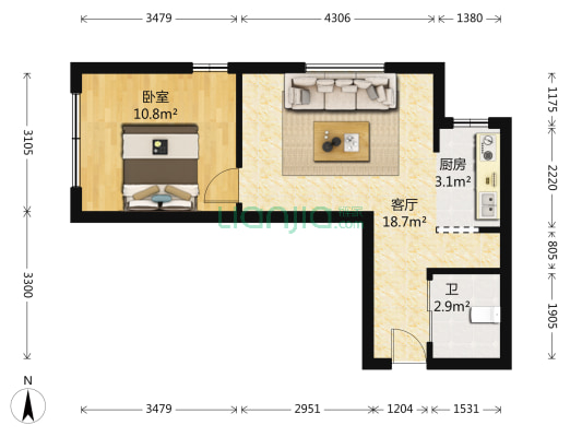 新奥蓝城三期 1室1厅1卫 51平方
