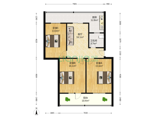 黄河路76号院 3室1厅1卫 95平方