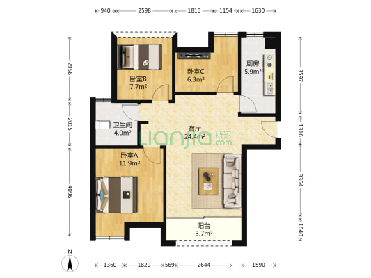水韵花都家园二期北组团 3室1厅1卫 85平方