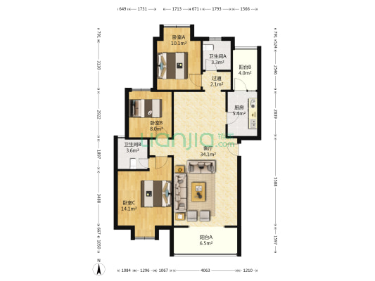 南港家园 3室1厅2卫 102平方