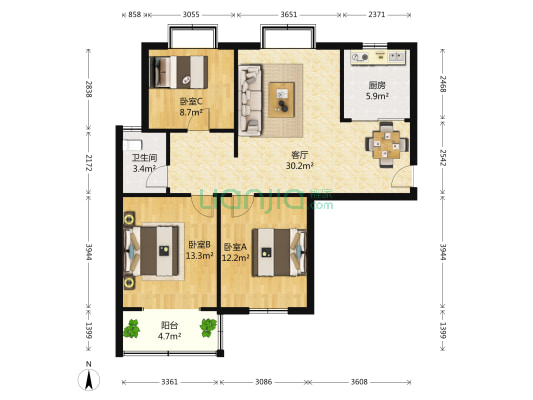 高新花苑 3室1厅1卫 104平方