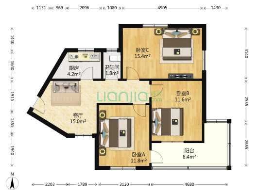 辛家庄三小区（古田路） 3室1厅1卫 84平方