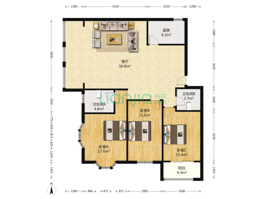 鑫茂花园 3室1厅2卫 144平方