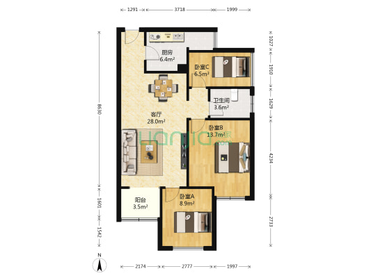 海璟暖暖的宅 3室1厅1卫 89平方