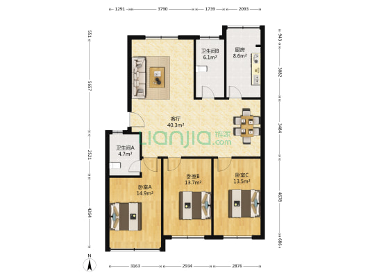安居二小区 3室1厅2卫 118平方