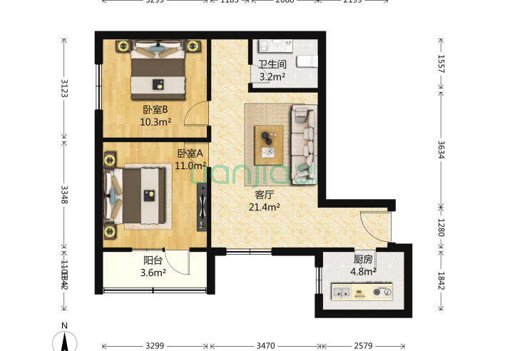 2室1厅1卫77.92㎡-北京长兴公寓户型图