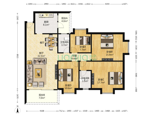 宏康花园三期建鑫苑 4室1厅2卫 122平方