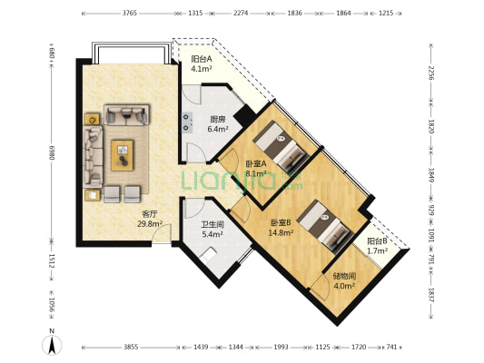 国嘉美领居 2室1厅1卫 96平方