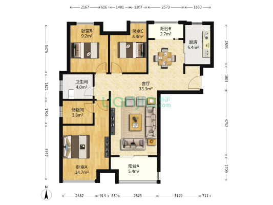 正弘中央公园林语苑 3室1厅1卫 125平方